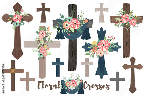 A Vector Of Wood Flowers Crosses for Baptism, Florals Cross and Holy Spirit