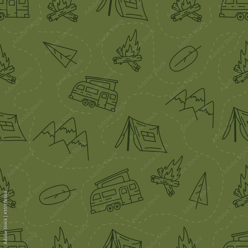 Vintage Hand drawn camping seamless pattern with retro camper, tent and mountains elements. Adventure silhouette line art graphics. Stock vector hiking linear background