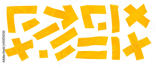 Yellow duct tape set. Realistic yellow adhesive tape pieces for fixing isolated on white background. Arrow, cross, corner and paper glued. Realistic 3d vector illustration