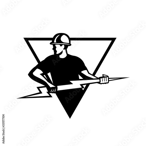 Retro Black and White style illustration of a power lineman or electrician holding a lightning bolt or thunderbolt viewed from side set inside triangle on isolated background.