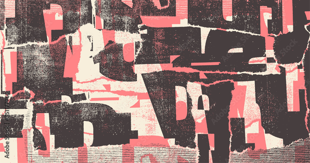 Collage of torn street posters. Abstract  halftone lettering background. vector illustration