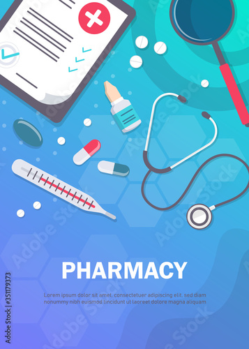 Pharmacy background, pharmacy design, pharmacy templates. Medicine, pharmacy, hospital set of drugs with labels. Medication, pharmaceutics concept. Different medical