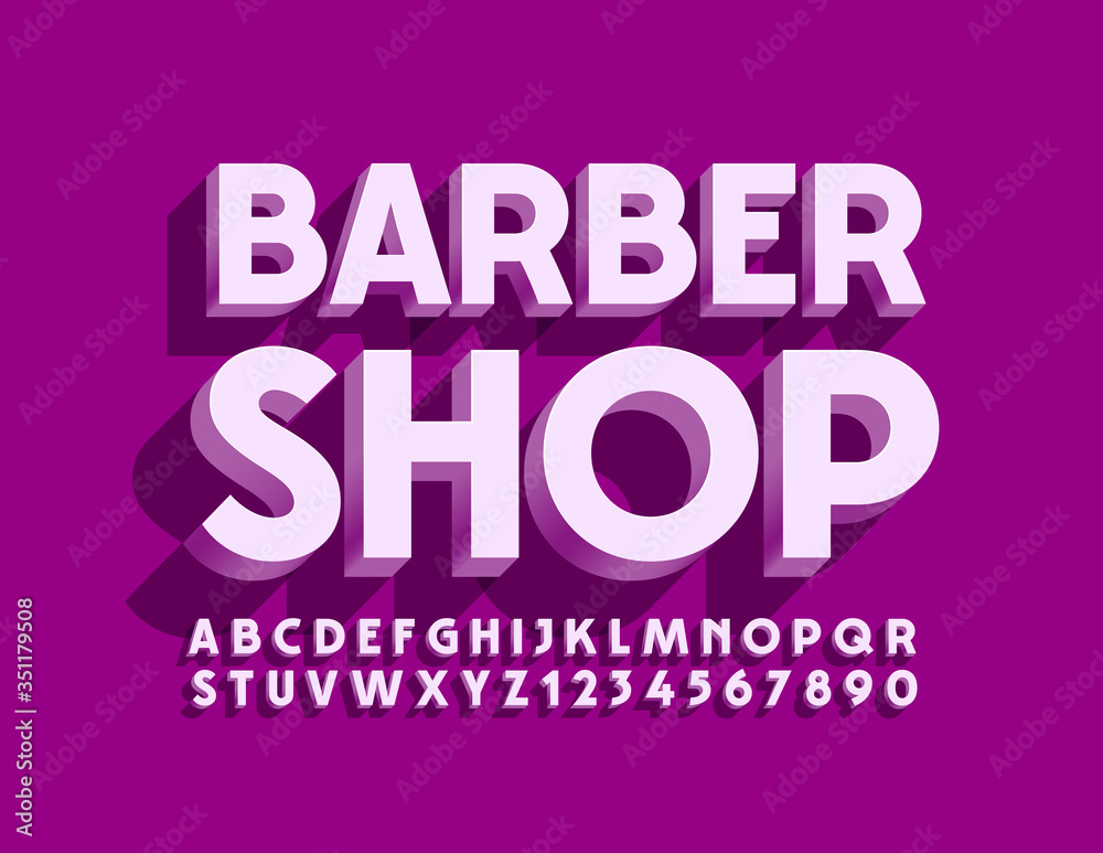 Vector violet banner Barber Shop. Modern 3D Font. Minimalist Alphabet Letters and Numbers
