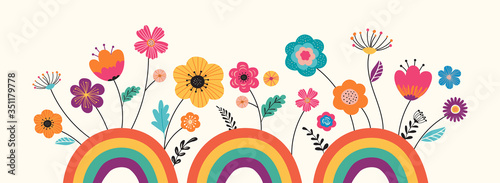 Hello summer, banner design with flowers and rainbows. Vector illustration 