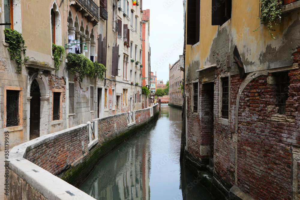 View of a waterway in Venice without tourists because of the qua