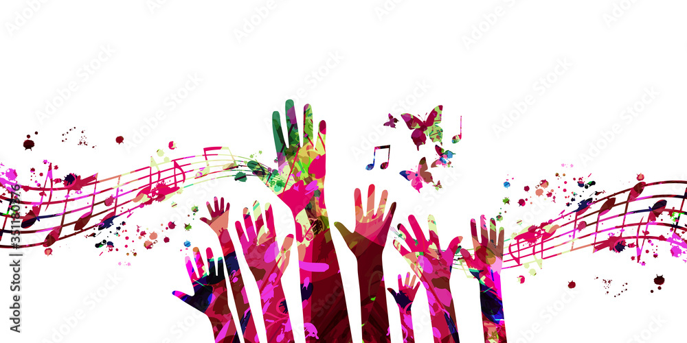 Music background with colorful music notes and hands vector illustration design. Artistic music festival poster, live concert events, party flyer, music notes signs and symbols with crowd of people - obrazy, fototapety, plakaty 