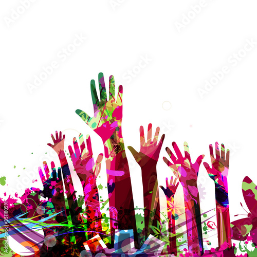 Colorful human hands raised isolated vector illustration. Charity and help, volunteerism, community support and social care concepts	
