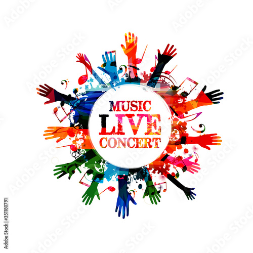 Music banner with colorful music notes and hands vector illustration design. Artistic music festival poster, live concert events, party flyer, music notes signs and symbols with crowd of people