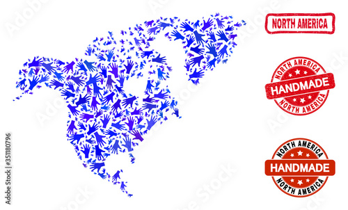 Vector handmade composition of North America map and unclean stamp seals. Mosaic North America map is organized with randomized blue hands. Rounded and awry red seals with unclean rubber texture.