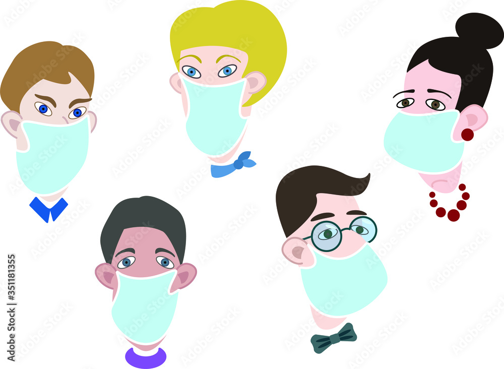 Vector set of human faces wearing medical masks. Vector flat design illustrations isolated on white background. Vector set of human faces wearing medical masks. Vector flat design illustrations isolated on white background.