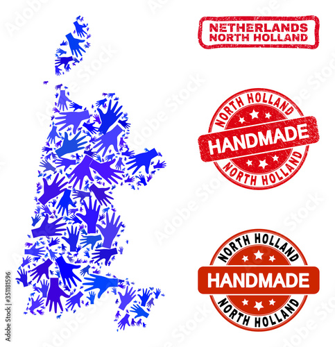 Vector handmade combination of North Holland map and unclean watermarks. Mosaic North Holland map is done of scattered blue hands. Rounded and awry red watermarks with distress rubber texture.