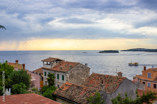 View of the Adriatic Sea with the roofs of the typical croatian houses and the green vegetation in the land, in Rovinj, Croatia