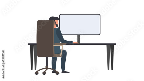 A man works on a computer. A man sits at a desk looking from the back. Isolated. Vector.