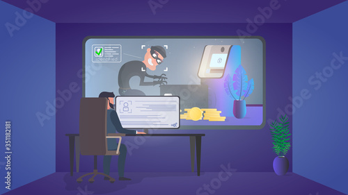 A security guard is watching a burglar in a security room. Identification of a thief. A thief steals a bank card near an ATM. Safety concept. Vector.