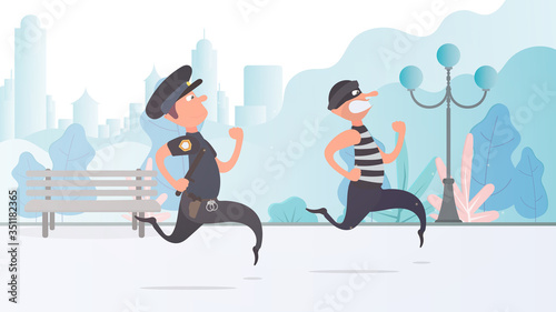 A policeman runs after a thief. The criminal escapes from the policeman.  Cartoon style. Vector.