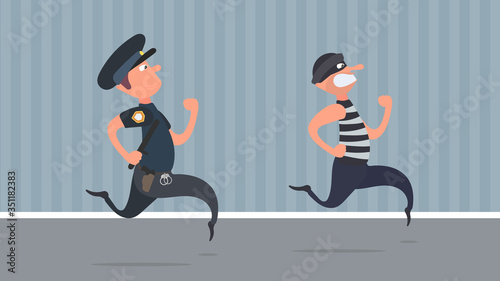 A policeman runs after a thief. The criminal escapes from the policeman.  Cartoon style. Vector.