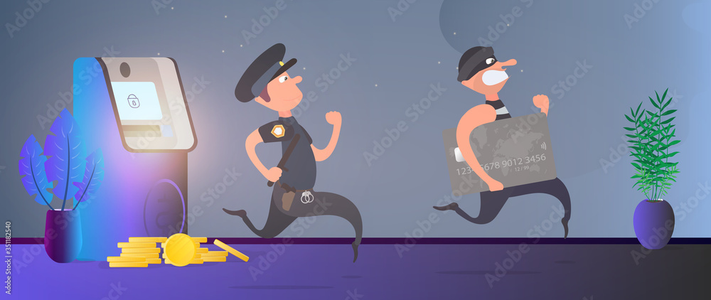 A policeman runs after a thief. The robber steals a bank card and runs away. ATM, gold coins. Fraud concept. Cartoon style. Vector. A policeman runs after a thief. The robber steals a bank card and runs away. ATM, gold coins. Fraud concept. Cartoon style. Vector.