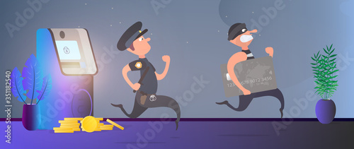 A policeman runs after a thief. The robber steals a bank card and runs away. ATM, gold coins. Fraud concept. Cartoon style. Vector.