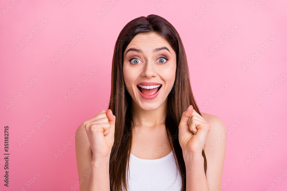 Closeup photo of funky crazy pretty lady long hairstyle open mouth supporting sports team competitions wear casual white singlet isolated pastel pink color background Closeup photo of funky crazy pretty lady long hairstyle open mouth supporting sports team competitions wear casual white singlet isolated pastel pink color background