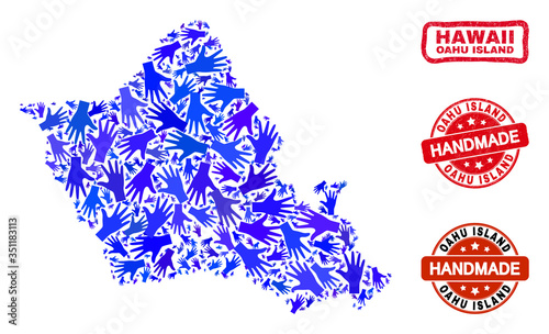 Vector handmade composition of Oahu Island map and rubber watermarks. Mosaic Oahu Island map is organized of randomized blue hands. Rounded and awry red stamp imprints with corroded rubber texture.