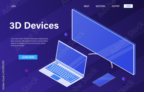 Office set of computer equipment. New modern devices in 3D isometric style. Monitor, laptop, phone. Employee workspace. Isolated and high-quality drawn objects. Easy to edit Vector Illustration EPS 10