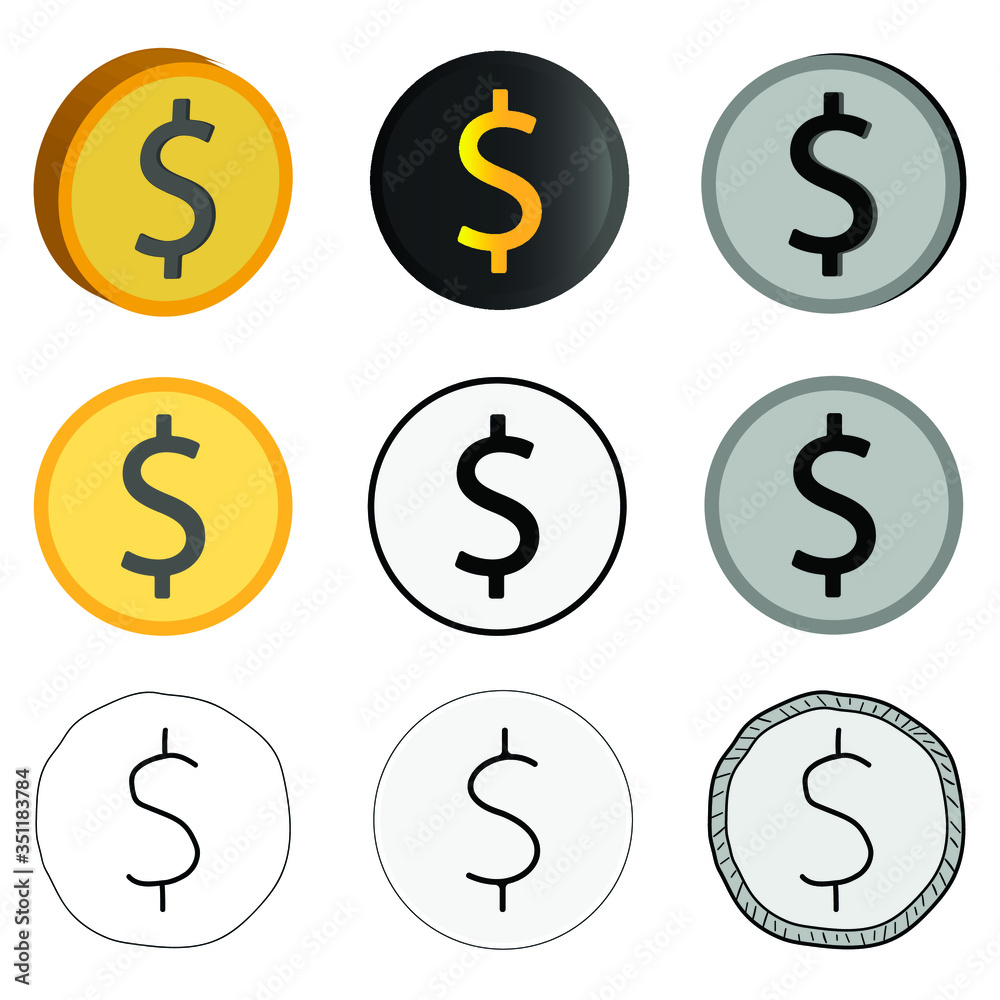 Vector illustration of a dollar, nine options for American currency. American dollar currency icons in different styles. Vector illustration of a dollar, nine options for American currency. American dollar currency icons in different styles.