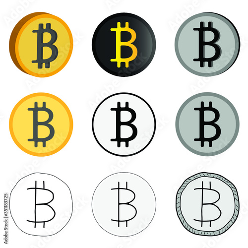 Vector illustrations of cryptocurrency, nine variants of bitcoin in vector. Bitcoin virtual currency icons in different styles.