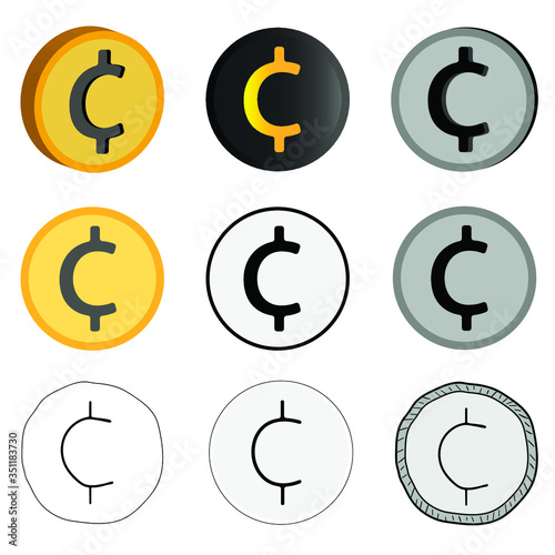 Vector currency illustration, nine cent options in vector. Cent icons in different styles.