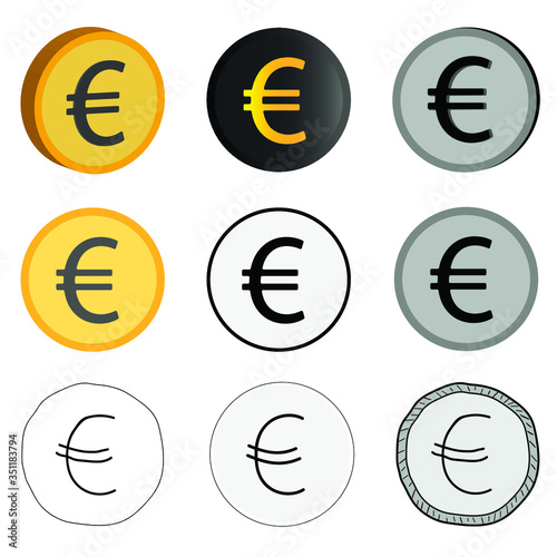 Vector illustration of European currency, nine euro options. Euro icons in different styles.