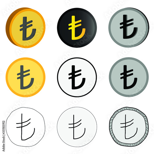 Vector illustration of Turkish currency, nine options of Turkish lira currency. Lira currency icons.