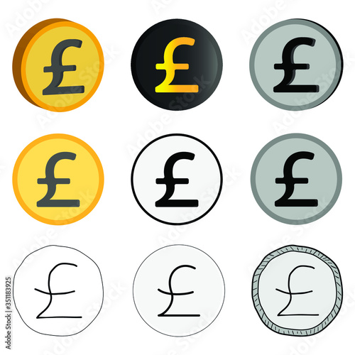 A vector illustration of pounds sterling, nine options for British currency. British pound icons.