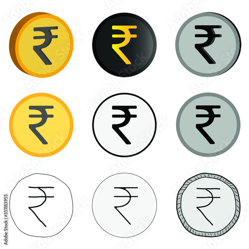 Vector illustration of Indian currency, nine rupee options in vector. Indian rupee icons in different styles.