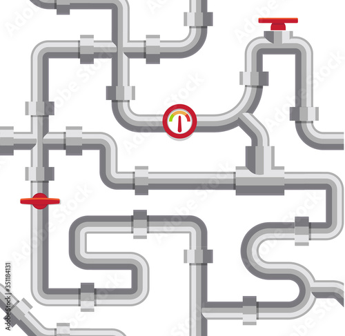 Grey water pipes vector illustration. Plumbing system, pipeline channel on white background. Sewage duct, water supply project.