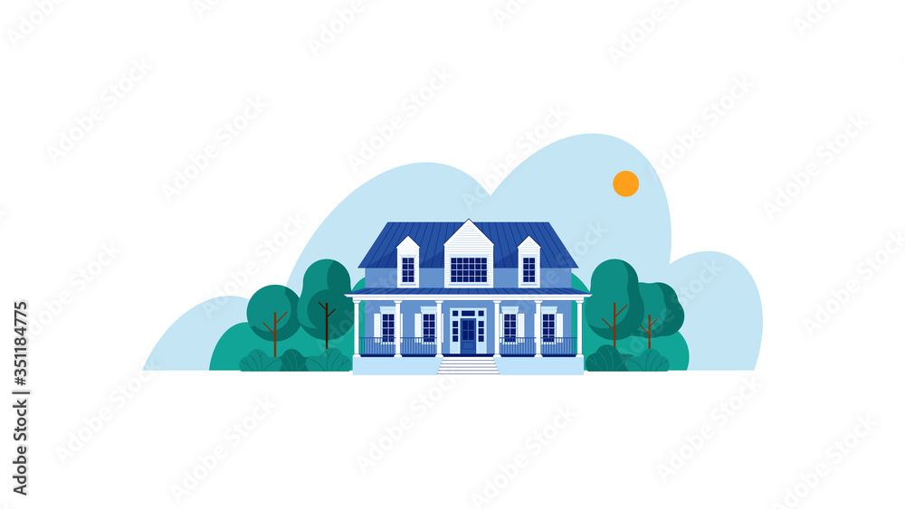Modern cottage house. Real Estate concept. Flat Style American or Scandinavian Townhouse. Vector illustration. Isolated