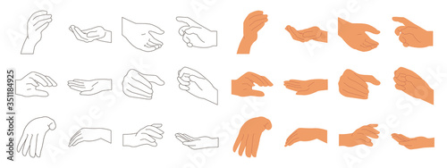 Various gestures of human hands isolated on a white background. Hand hold  Hand open and use Gel bottle or alcohol gel bottle  Vector design elements for infographic  ads  interactive and website.