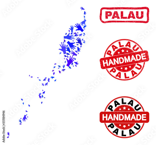 Vector handmade combination of Palau map and rubber seals. Mosaic Palau map is made with scattered blue hands. Rounded and awry red seals with corroded rubber texture.