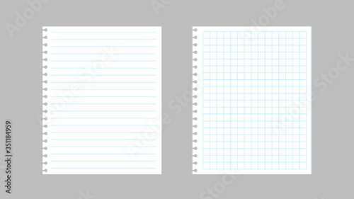 White school paper. Striped notebook page for message or text. Checkered notebook page for message or text.