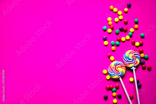 Colorful birthday party flat lay background with copyspace.