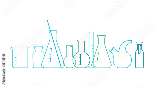 Chemical Science Equipment glassware. Glass empty beakers,flasks,test tubes, bottles.