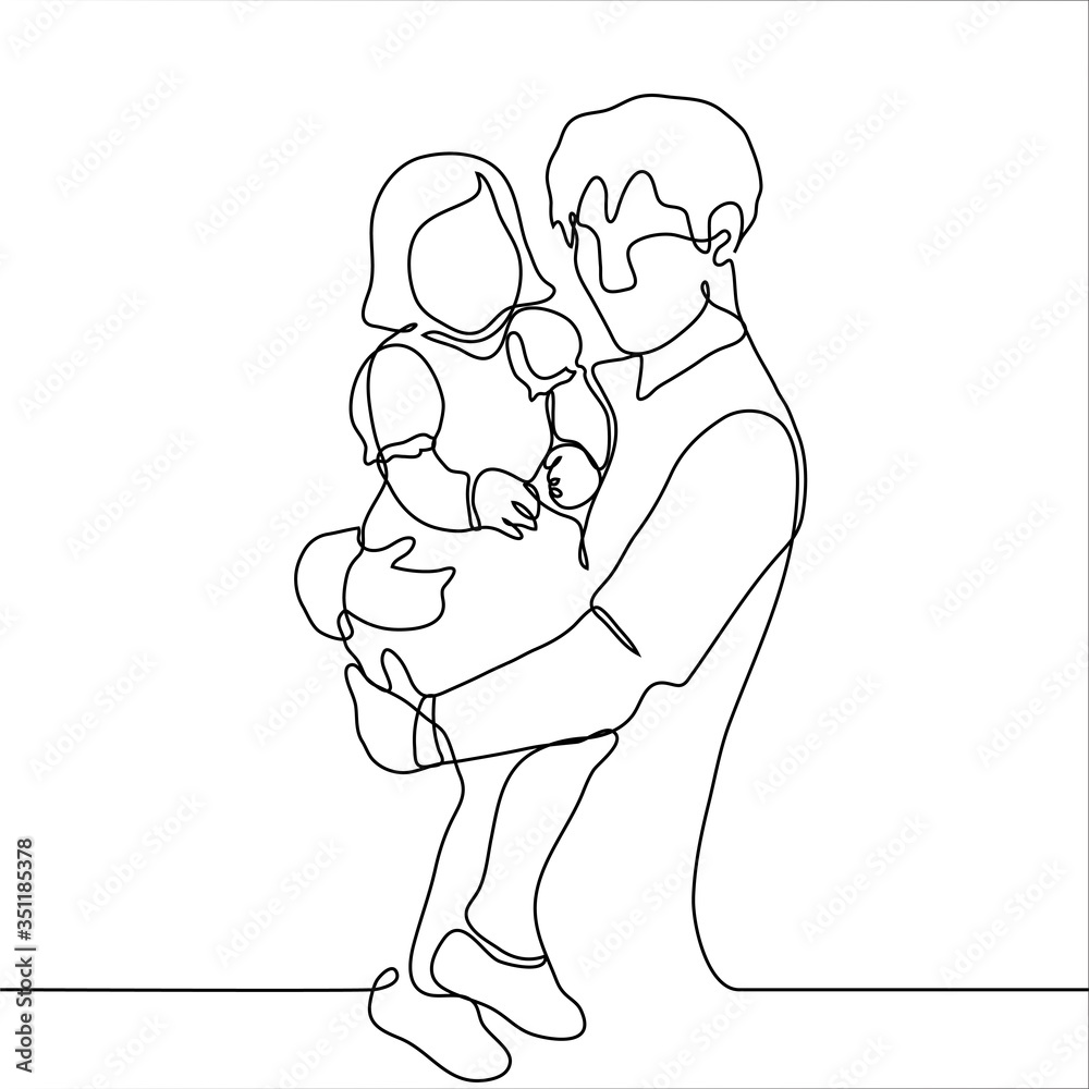 One continuous line drawing of a man holding a little girl in his arms in a dress. Young father with baby posing for a photo. Vector illustration can be used for animation. One continuous line drawing of a man holding a little girl in his arms in a dress. Young father with baby posing for a photo. Vector illustration can be used for animation.