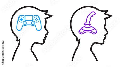 Set of boy head icons. In the head of the child are depicted: Video game joystick, gamepad. The concept of addiction to computer games.