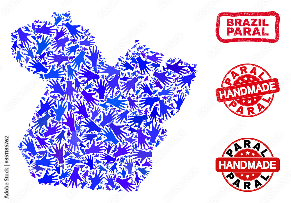 Vector handmade collage of Paral State map and rubber stamp seals. Mosaic Paral State map is created with scattered blue hands. Rounded and wry red stamp imprints with distress rubber texture. Vector handmade collage of Paral State map and rubber stamp seals. Mosaic Paral State map is created with scattered blue hands. Rounded and wry red stamp imprints with distress rubber texture.