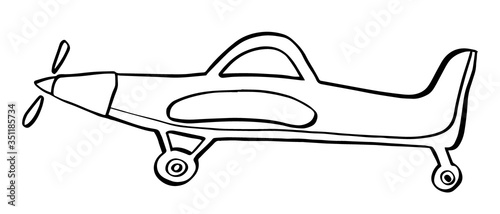 Sign airplane in hand drawn doodle style isolated on white background. Agricultural aircraft vector outline stock illustration.