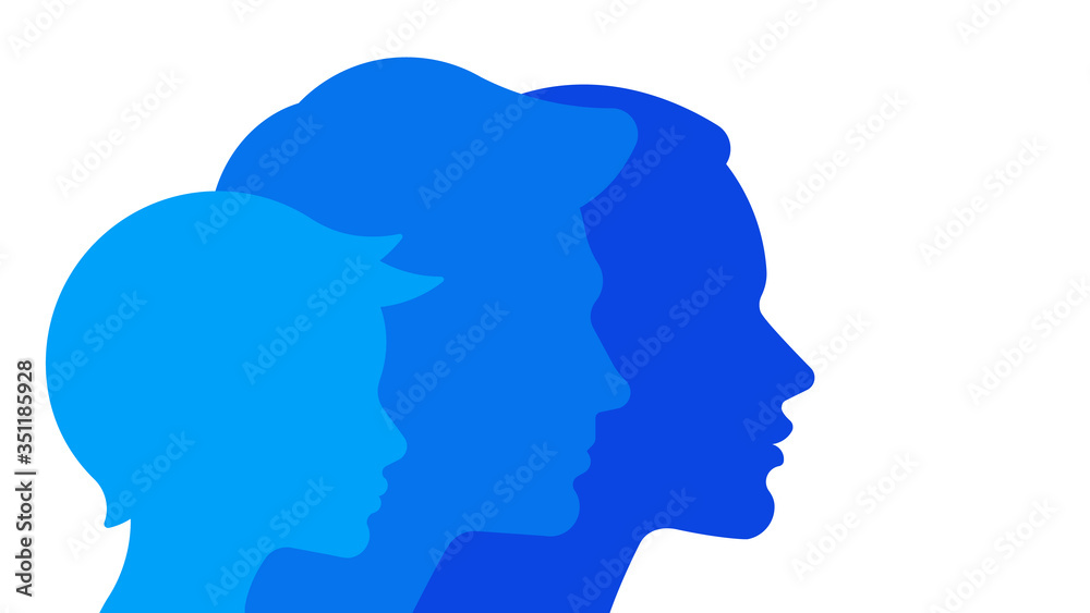 Family: silhouettes of mom, dad and child. Abstract members of the same family who look in the same direction. Vector template, design element, banner.