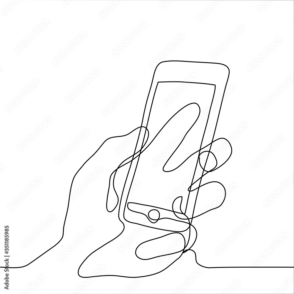 Drawing of the left hand of a man holding a phone (smartphone). One  continuous line art hand with a telephone. Can be used for animation.  Векторный объект Stock | Adobe Stock