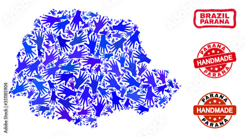 Vector handmade collage of Parana State map and textured stamp seals. Mosaic Parana State map is made of random blue hands. Rounded and awry red seals with unclean rubber texture.