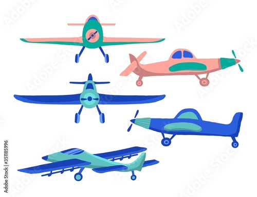 Set Airplane in cartoon hand drawn style isolated on white background. Set of agricultural aircraft vector icons for kids playing