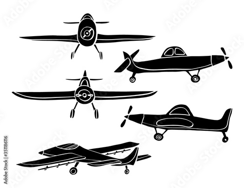 Set silhouette Airplane in doodle style isolated on white background. Set of agricultural aircraft vector outline icons for kids playing