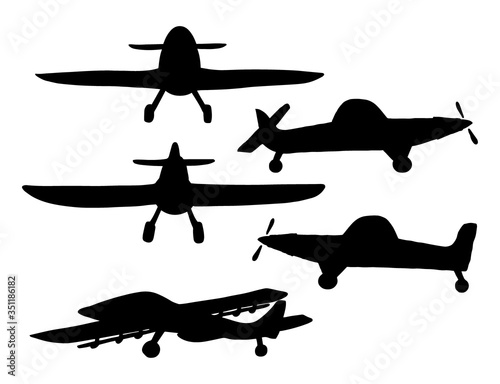 Set silhouette Airplane in doodle style isolated on white background. Set of agricultural aircraft vector outline icons for kids playing, web design