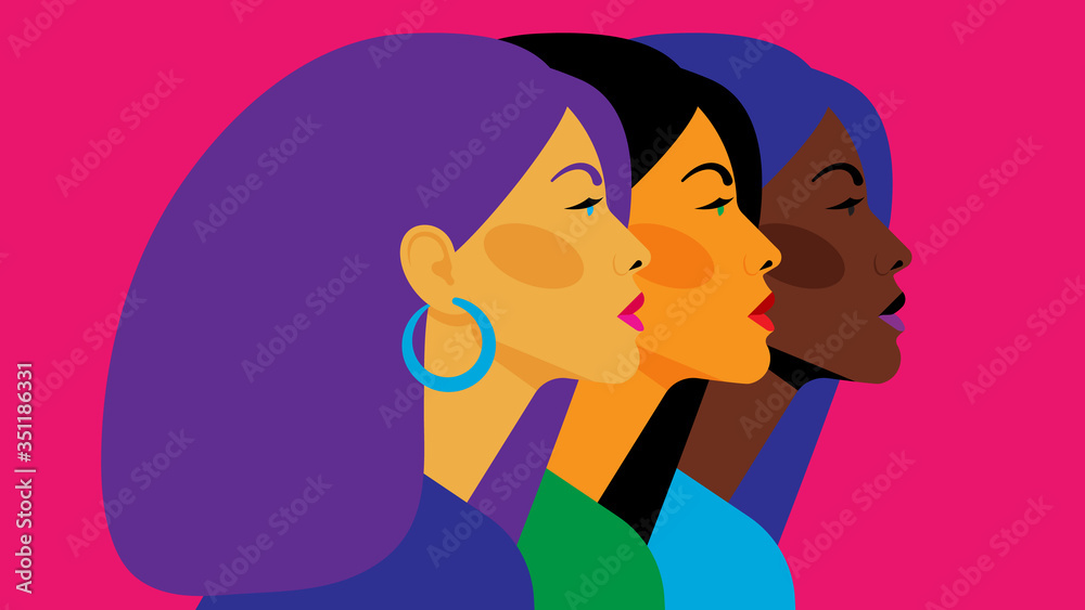 Bright beautiful women look in the same direction. The concept of diversity, female friendship, self-confidence, equality. Multi-colored female profiles for a postcard, banner, flyer, or article.